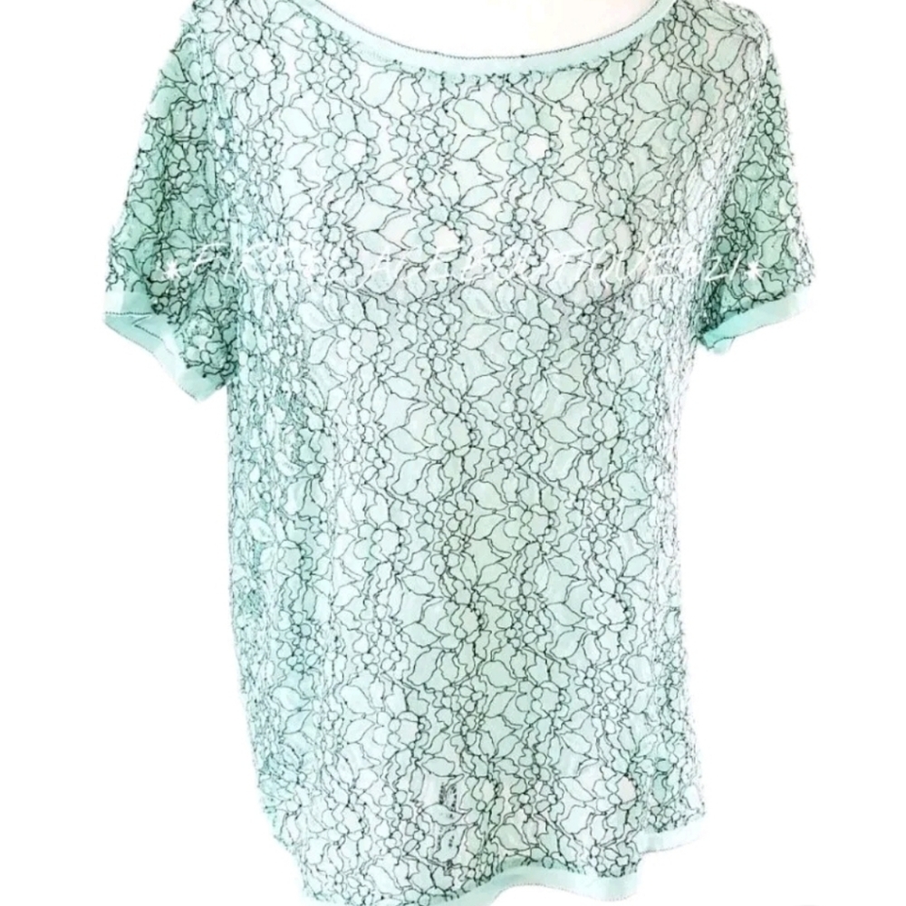 Women's Mint Lace Overlay Short Sleeve Top